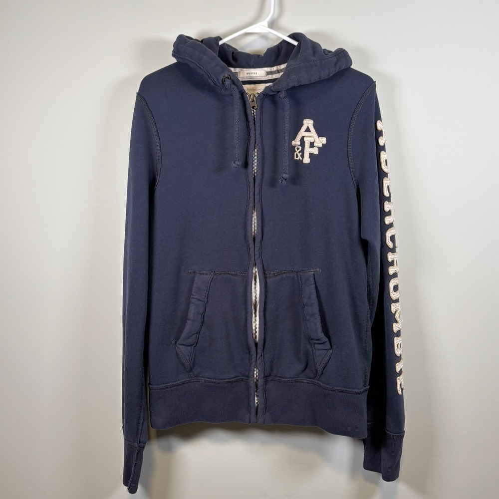 Vintage Abercrombie & Fitch Full Zip Hoodie Distressed Sleeve Logo Blue Unisex